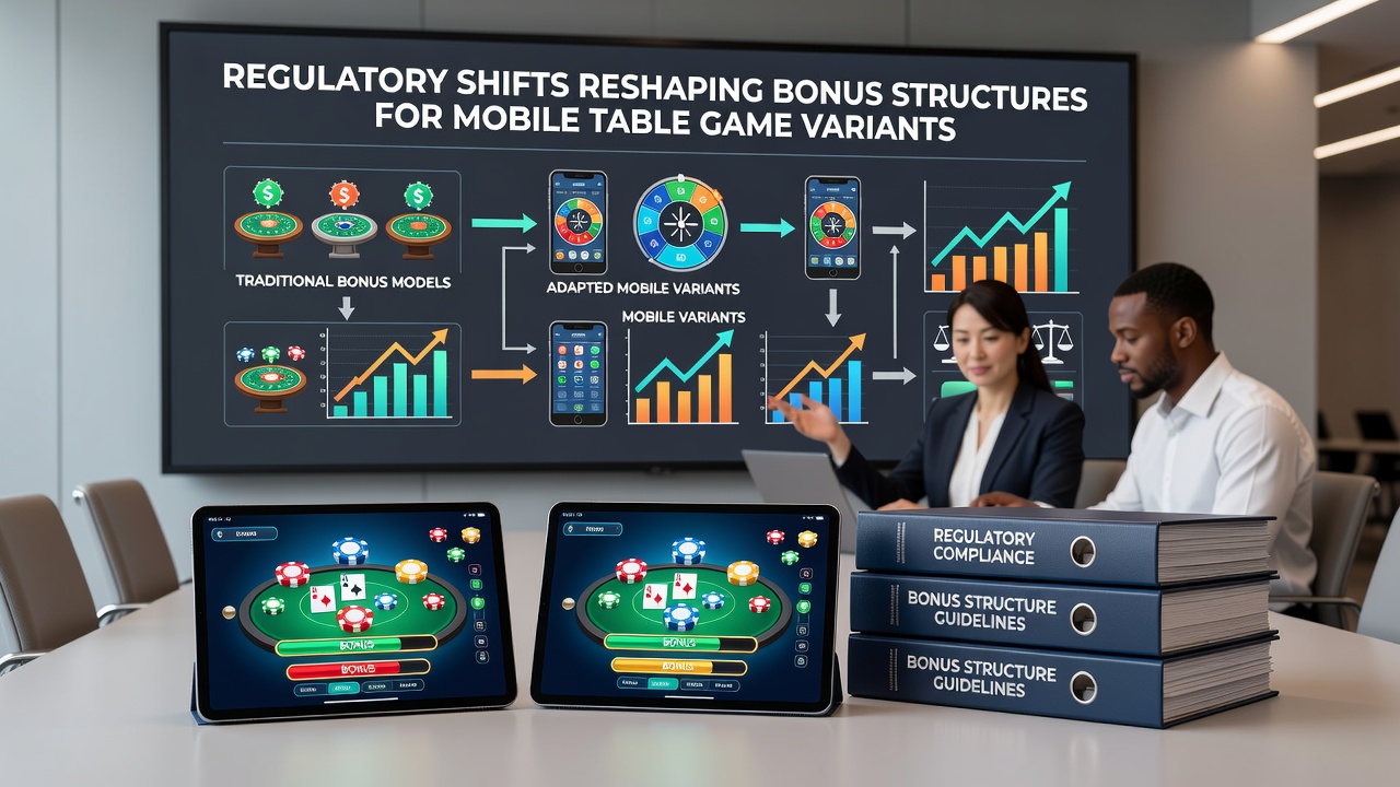 Regulatory document and mobile poker app screenshot illustrating updated bonus terms for table game variants